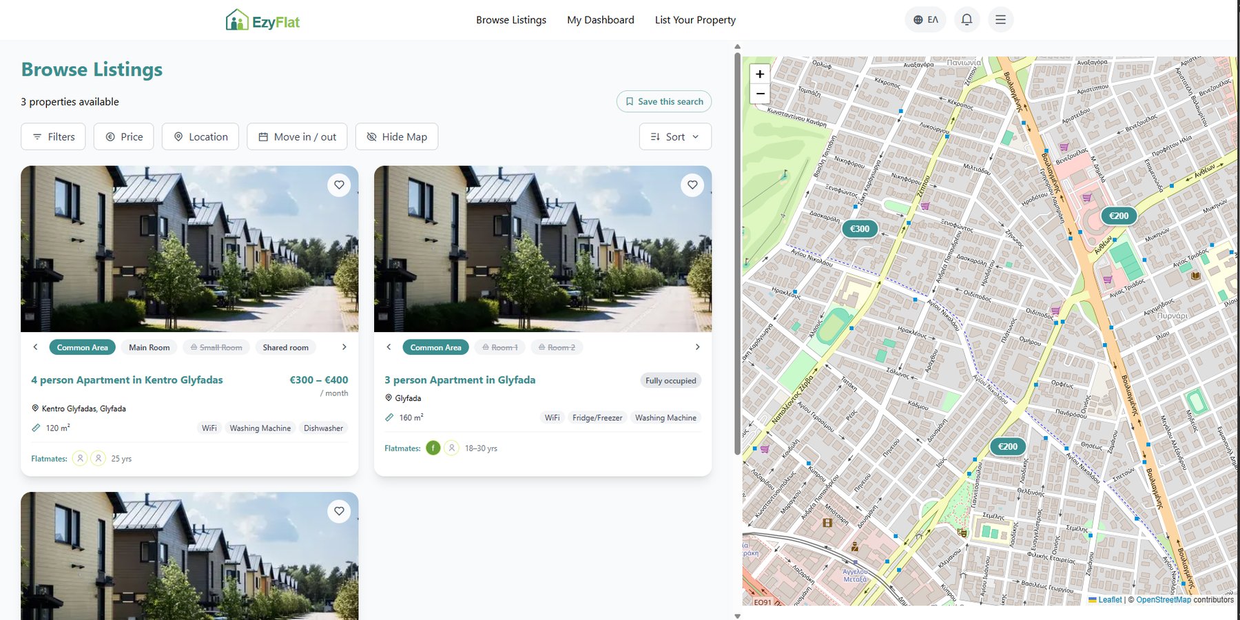 EzyFlat Browse Listings page: results grid with per-room pricing and a map view with price markers