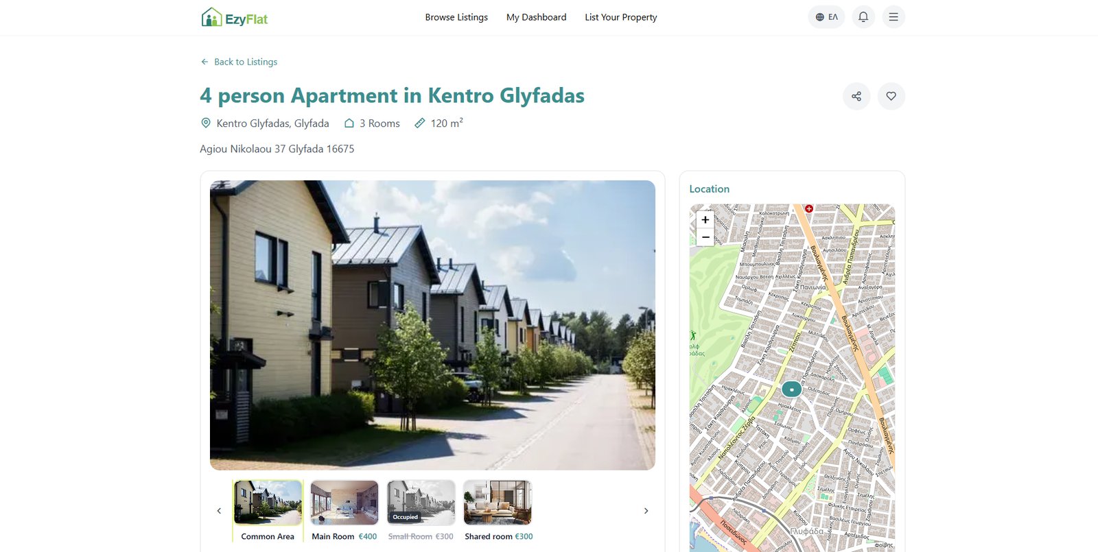 EzyFlat listing detail page: header, photo gallery and location map