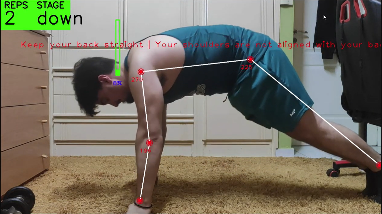 Live pose-tracking overlay mid-repetition, with the correction Keep your back straight, Your shoulders are not aligned with your back