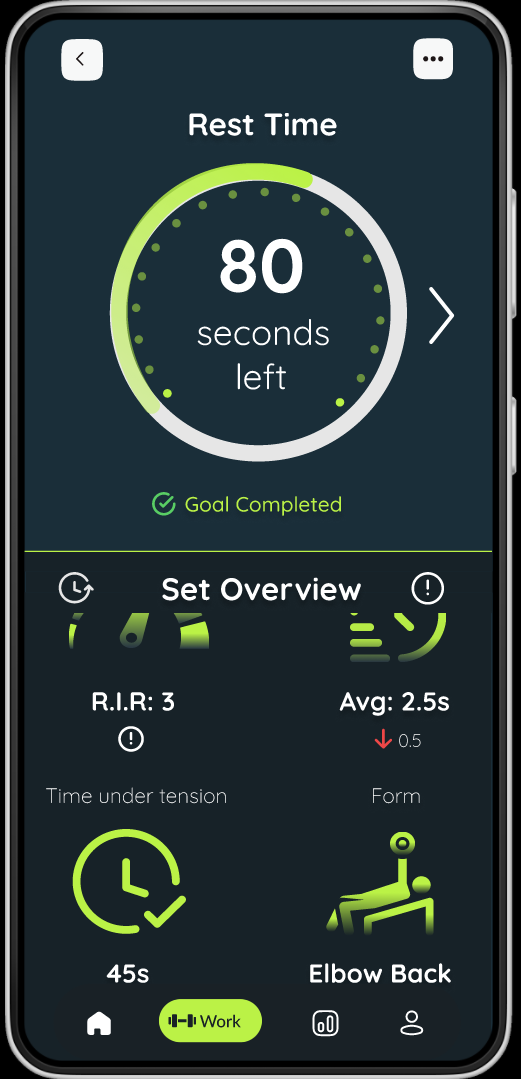 Rest timer with a set overview showing RIR, average tempo, time under tension and a form flag